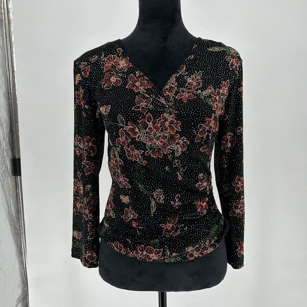VTG MSK Floral Gold Glitter Faux Wrap 3/4 Sleeve Blouse Top Going Out Chic Boho